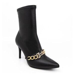 Juicy Couture Women's Black Vegan Leather Tommi High Heel Chain Ankle Boots 8.5